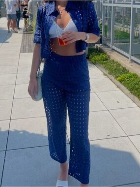 Onoma Blue Eyelet Pants and Cropped Shirt Set
